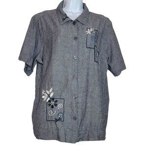 EVR Button Front Blouse, Women 18W/20W, Gray Chambray w/Floral Embellishment,EUC